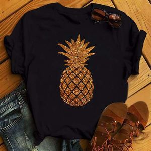 T-shirt da donna stampata con ananas Kawaii Harajuku T-shirt streetwear T-shirt con grafica per cartoni animati Top neri da donna larghi