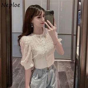 NEPLOE HONG KONG Lace Hollow Out Bloups Fashion Moda Slim Fit Puff Sleeve Single Bressot Women Shirts 82186 210308