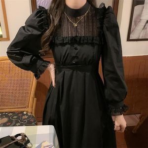 QWEEK Abito gotico in pizzo nero Donna Casual Elegante Party Midi Abito a maniche lunghe con volant Emo Y2k Abiti gotici Abiti primaverili 220317