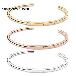 Bracciale rigido in argento 100% S925 per donna Fashion Classic Logo Design Bracciali Fit Pandora Style Fine Jewelry Lady Gift con scatola originale Silver Gold Rosegold