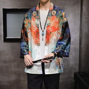 Men's Casual Shirts 5XL Plus Size Collarless Japanese Streetwear Summer Shirt Men Kimono Workout Office Carton Printed 3/4 Sleeve BlouseMen'