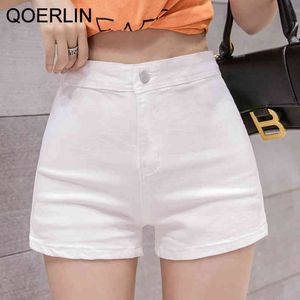 Qoerlin vintage hög midja svart denim shorts kvinnor sexiga stretch jeans sommar streetwear plus size svart vit shorts 210412