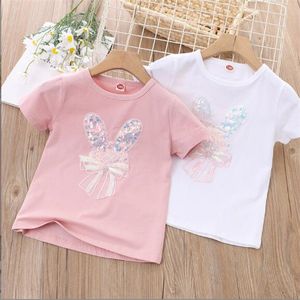 Fashion Korean Children's Clothing Girls T-shirt 2022 Summer New O-neck Short-sleeved Casual T Shirt Girl Cute Cartoon Bunny Sequins Cotton Top