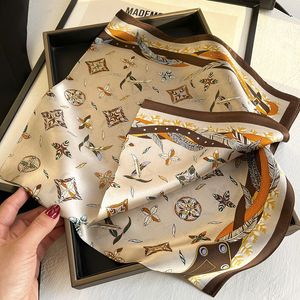 Halsdukar lyx varumärke Square Silk Scarf Women Satin Print Hijab Scarves Muslim Pareo Bandana Female Shawl Wrap pannband foulard 70x70cm