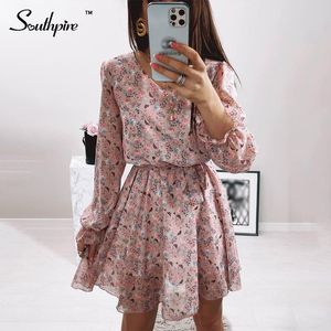 Wholesale pink floral dress women for sale - Group buy Sexy V neck Pink Floral Print Mini Party Dress Women Long Sleeve Ruffle Chiffon Elegant Casual Female Clothing