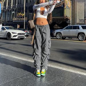 Kvinnor fickor svett byxa vintage overaller mid midja dragkammare lösa lastbyxor streetwear jogging byxor