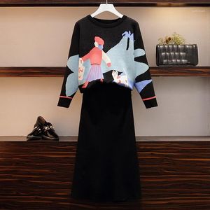 Dwuczęściowa sukienka plus w rozmiarze 2022 jesienna zima w stylu koreański luźna sweter kobieta kreskówka okrągła szyja opakowanie pullower
