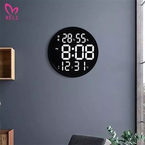 12 Inch LED Large Number Wall Clock Digital Temperature And Humidity Electronic Clock Modern Design Decoration Home Office Decor 210325