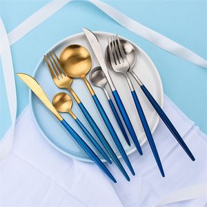 レストランナイフとフォークスプーンカトラリーシルバーウェア青いハンドル付きステンレス鋼の食器用品