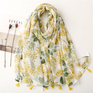 Pequeno fio fresco de algod￣o e linho len￧o frutas verdes verdes de folha amarela de folha com tassel sharf Shawl