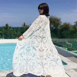 Dress Beach White Lace Summer Maxi Women Long Sleeve Cover Up Sexy See Through Boho Bikini wear Cover ups 220524