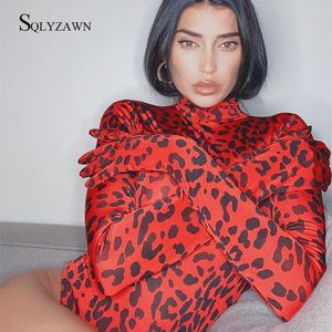 Sexy leopardo impressão gola alta bodysuits feminino manga longa com luvas rave clube corpos magro bodycon bodysuit roupas de outono topos