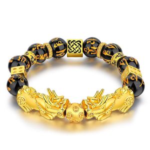 Bärade strängar män svarta obsidian stenpärlor armband pixiu kinesiska feng shui lycka till rikedom buddha för kvinnor smycken lars22304b