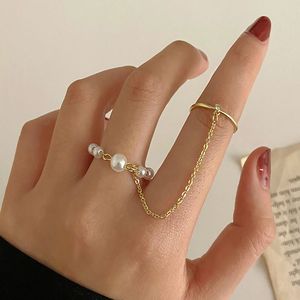 Boho Minimalista Oro Rotondo Largo Anello a Catena Moda Retrò da Donna Imitazione di Perle Anelli Sottili Ragazza Regalo di Gioielli per Feste