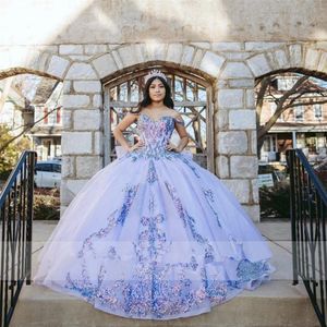 2022 Sexy Bling Lila Pailletten Spitze Quinceanera Kleider Kristall Perlen Schulterfrei Ballkleid Vestidos De Kleid Gast Korsett Zurück Tüll Rüschen Mit Schleife