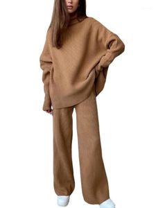 Kvinnors tvåbitar byxor Kvinnor kostymer 2022 långärmad bred ben mode lös hög hals stickad avslappnad set