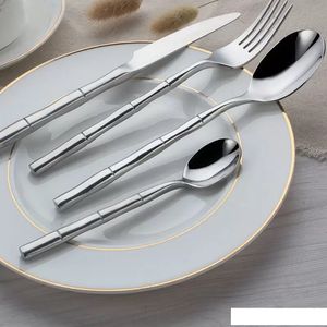 Stainless Steel Bamboo Cutlery Set Tableware Dinnerware Mirror Polish Silver Cutlery Dinner Knives Forks