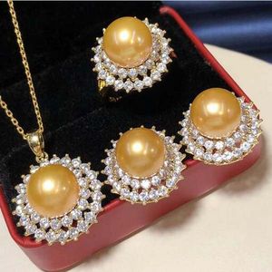 9-10mm south sea Golden stud pearl pendant earring ring set