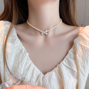 Pearl Necklace Female Baroque Korean Short Temperamental Clavicle Chain Bow Necklace Internet Celebrity French Retro Bride