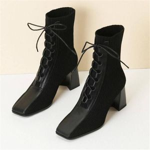 Outono inverno mulheres martin botas costurando malha meias elásticas botas high-heeled curto boot square toe sapatos femininos