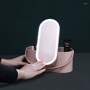 Espelhos compactos Tela de toque LED LED Illuminated Makeup Mirror Box multiuso saco portátil Bolsa de armazenamento portátil Travel Organizador de beleza Ferramentas de estojo de beleza