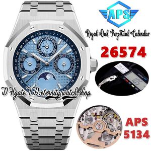 APSF APSF26574 Perpetual Calendar Cal.5134 APS5134 Automatisk herrklocka 41mm Superlumed Blue Textured Dial Moon Fas rostfritt stålarmband Eternity Watches