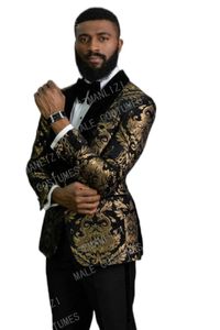 أزياء أنيقة جديدة Homme Shawl Lapel Black Jacquard حفل عشاء Groom Wear Men Wedding Suits for Men Prom TB