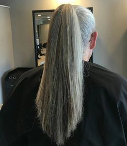 100% de cabelo de cabelo real Grey Puff Afro Afro rabo de cavalo Clipe de extensão de cabelo Remy Remy Ponos de cavalo de cordão reto