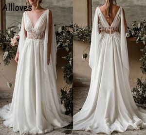 Stylish Boho Beach Wedding Gowns With Sweep Train Long Sleeved Wraps Sheer V Neck Elegant Lace Bridal Dresses A Line Chiffon Backless Simple Robes de Mariee CL0474