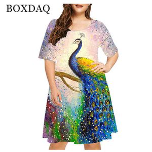XL Yaz Kadın Hayvan D Peacock Baskı Elbise Moda Kısa Kollu Gevşek Kadın Vintage Elbise Plus Boyut Kadın Giyim L220601
