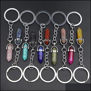 Nyckelringar smycken Ny naturlig sten Hexagonal Column Chain Keyring for Women Crystal Quartz On Bag Car Party Friends Present leverans 2021