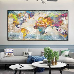 抽象レトロ世界地図キャンバス絵画ゴールデンポスターとプリント抽象壁アート画像リビングルームの家の装飾フレームなし