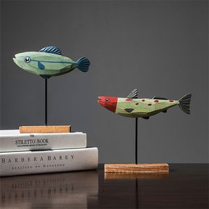 Nordic Wood Fish Rzeźba Zwierząt Artystyczna Rzeźba Salon Biuro Dekoracji Home Dekoracje Handmade Rzemiosło Prezent 220406