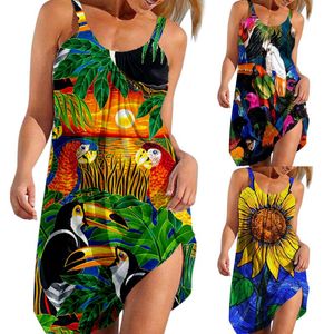 Casual Sukienki Kobiety Bez Rękawów Sukienka Sexy Cute Bohemian 2022 Moda Cartoon Print Vintage Loose Beach Robe Femme Été