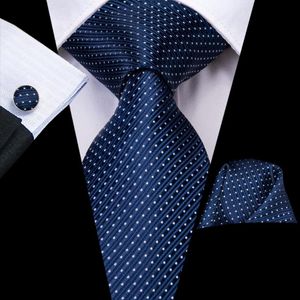 Bow Ties Navy Blue Dot Striped Silk Wedding Tie For Men Handky Cufflink Gift Mens Necktie Fashion Designer Business Party Dropship Hi-TieBow