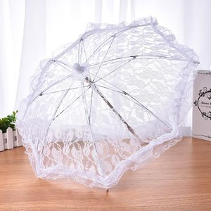 Weiße Parasole Hochzeit Braut Brautjungfer Dekorative Regenschirm kleine Spitze Edelstahl Langes Griff Hochzeitsbedarf