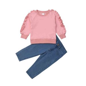 Citgeett Kleinkind Kinder Baby Mädchen Rüschen Rosa Zuckerguss Sweatsuit Tops Denim Hosen Jeans Warme Outfit Frühling Kleidung 1-6Y J220711