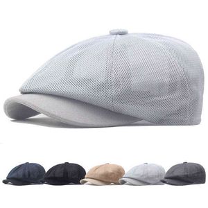 2022 Men Hats Berets British Western Style Newsboy Caps Breathable Mesh Beret Hat Flat Brim Adjustable Men Summer Berets Cap J220722