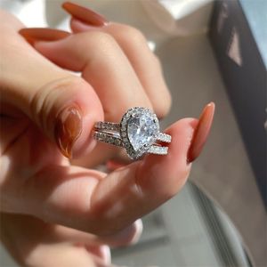 luxury 2pcs/set water drop 5A zirconia real 925 sterling silver ring jewelry designer ring for woman party Wedding Engagement White Diamond Rings With Gift Box Size 5-9