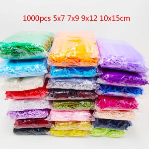 1000pcs/parti 5x7 7x9 9x12 10x15cm dragkonstring organza väska bröllopsfest julklappsäckar gynnar smycken förpackningspåsar påse