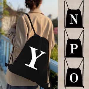 Backpack Canvas Drawstring Backpack,tote Shoulder Shopping Bags White Letter Print Harajuku Women Eco Bag Shoppers Travel