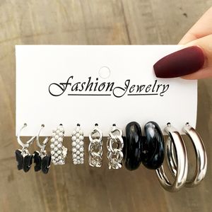 5 Pairs Women dangle Black Butterfly Pendant Earrings Set Creative Simple Acrylic Type C chain pearl earrings Jewelry