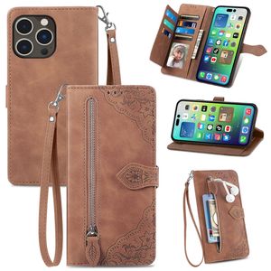 zipper Purse Wallet Phone Cases embossing pattern for iPhone 14 13 12 Mini 11 Pro XR XS Max 7 8 plus Card slot PU Leather Flip Stand Cover lanyard multi high capacity