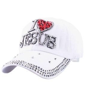 Berretti da baseball Donna Denim Panno Pietre artificiali Bling Red I Love Heart Jesus Berretti da baseball in cotonePalla