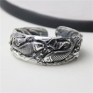 Bangle Antique Thai Silver Bangles 100% S990 Sterling Karp Fish Carved Armband för män Kvinnliga smycken 25mm 45G Tyc0Bangle INTE22