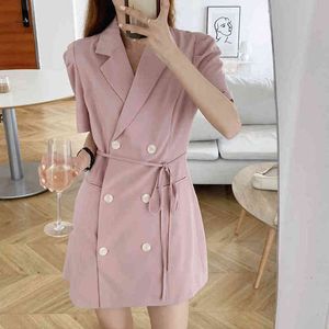 White Blazer Dress Sexy Short Sleeve VNeck Party Bandage Dress Mini Solid Bodycon Summer Dress Women Double Jacket Coat 210412