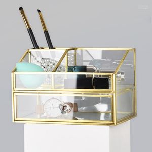 Jewelry Pouches Bags Brass Glass Cosmetic Organizer Box With Drawer Bathroom Storage Makeup Display Shelf Holder Wynn22