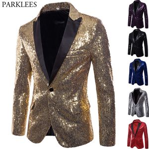 Shiny Gold Sequin Glitter Empelled Blazer Jacket Men Nightclub Prom Suit Blazer Men Costume Homme Stage Clothes for Singers 220704