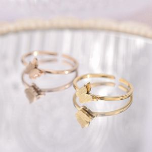 18k Gold Butterfly Ring Band Ajuste Ajuste Aço Anterior Ringas Dinho Para Mulheres Meninas Presente de Joia de Moda Fina