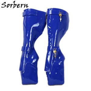 Sorbern 6 ключей Блокировка Zip Boots Knee High Женщины 18 см Высокие каблуки Балетки Клин Boot Fetish Dominatrix Черная Пользовательская широкая нога